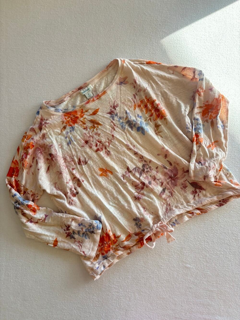 Sundance 100% Linen Top Women’s Medium Cream Floral Tie Front Cottagecore